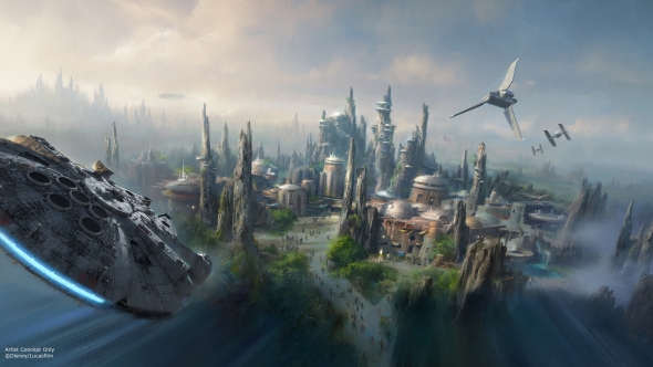 Millennium Falcon flies over the Black Spire Outpost